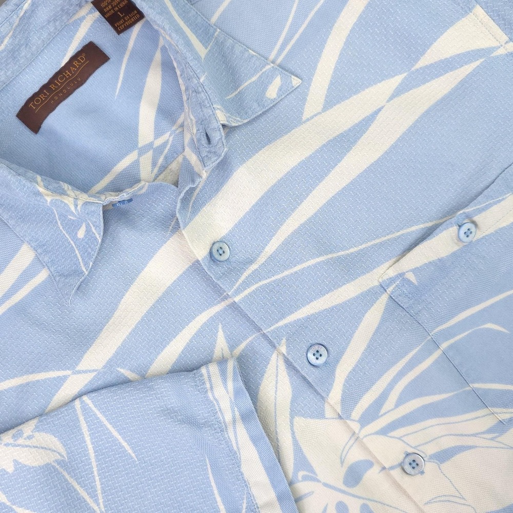 Tori Richard Shirt Mens Large Blue Hawaiian Aloha Silk Short Sleeve Button Front